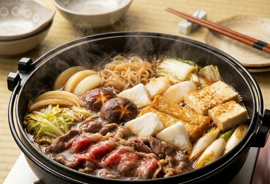 棒天とはんぺんを入れた変わり種すき焼きの鍋。牛肉、焼き豆腐、しらたきと一緒に煮込まれている様子