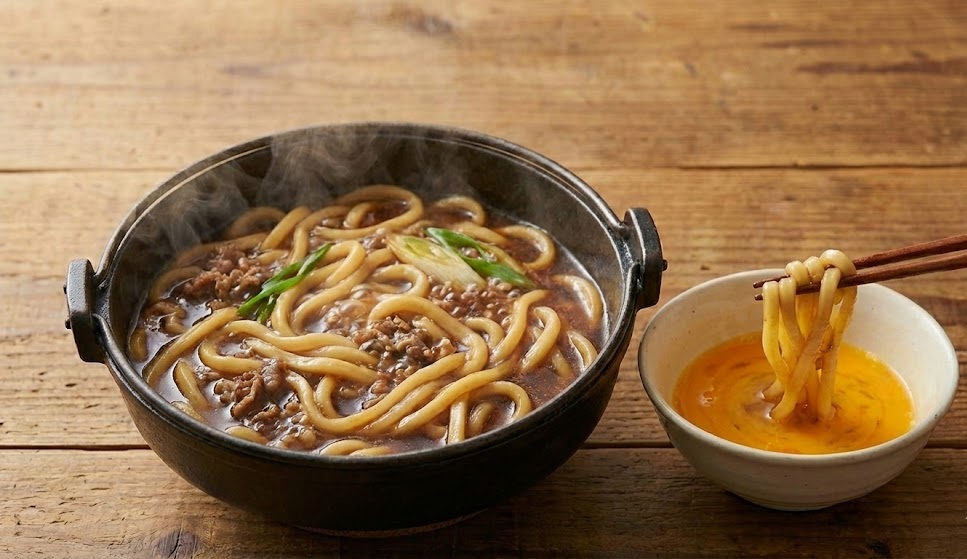 すき焼きの残りでリメイクしたうどんを溶き卵につけている美味しそうな完成写真